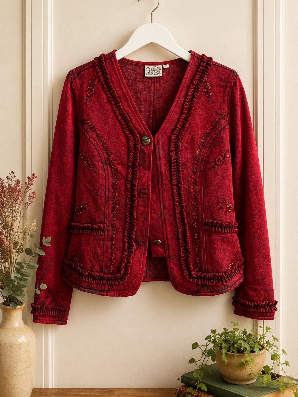 Parsley & Sage Embellished Ruffle Trim Jacket | Boho Artsy Cardigan | Medium